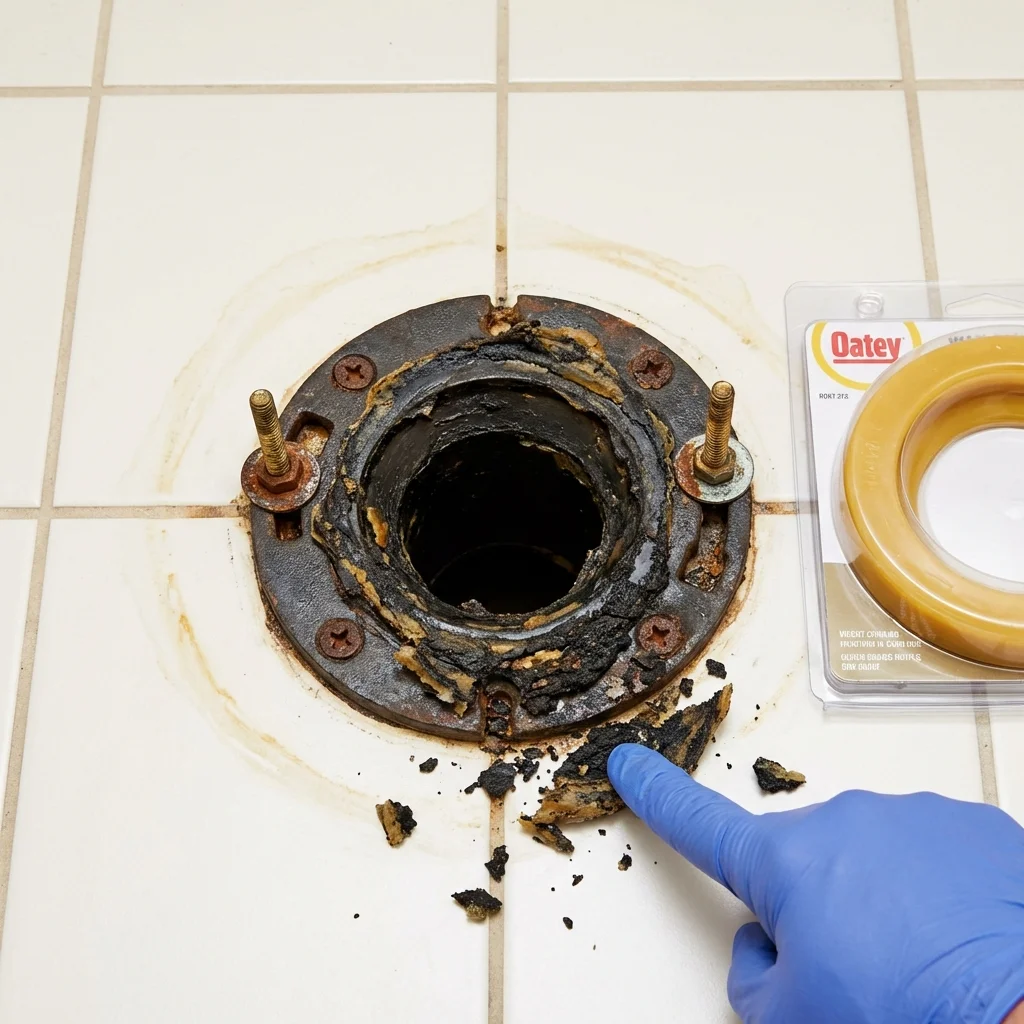 Failed wax ring showing water seepage at the base of a toilet in a Vinton, LA home