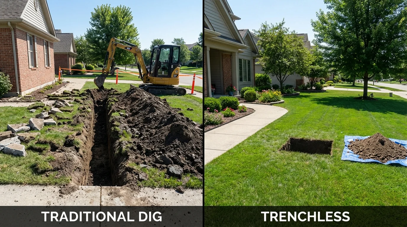 Trenchless sewer repair with minimal yard damage versus traditional excavation in Vinton, LA